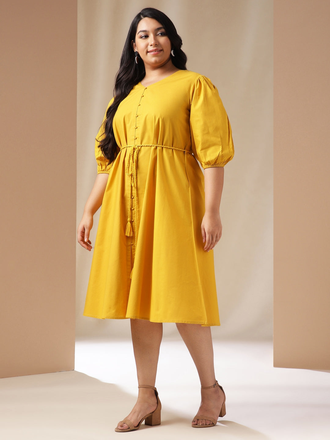 Plus Size Yellow Poplin Solid A-Line Dress  - By Janasya