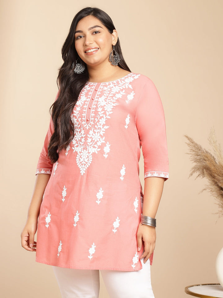 Plus Size Peach Cotton Chikankari Regular Tunic  - By Janasya