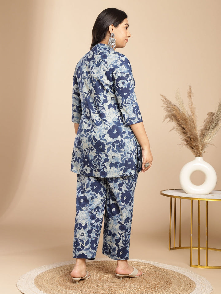 Plus Size Indigo Cotton Floral A-Line Co-ord Set  - By Janasya