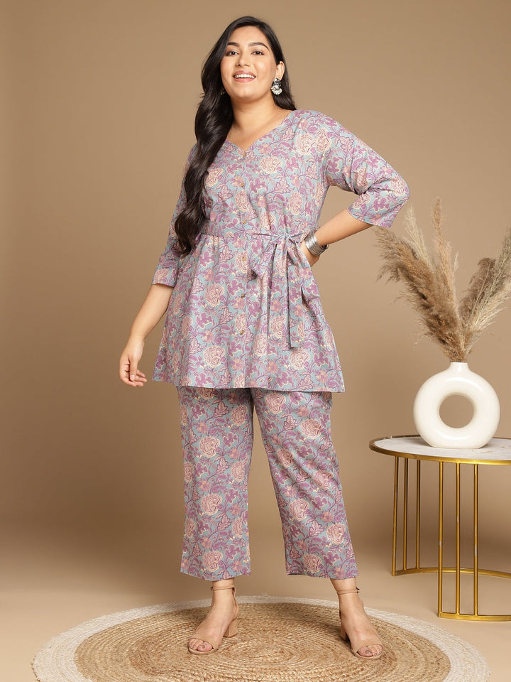 Plus Size Light Blue Cotton Floral A-Line Co-ord Set  - By Janasya