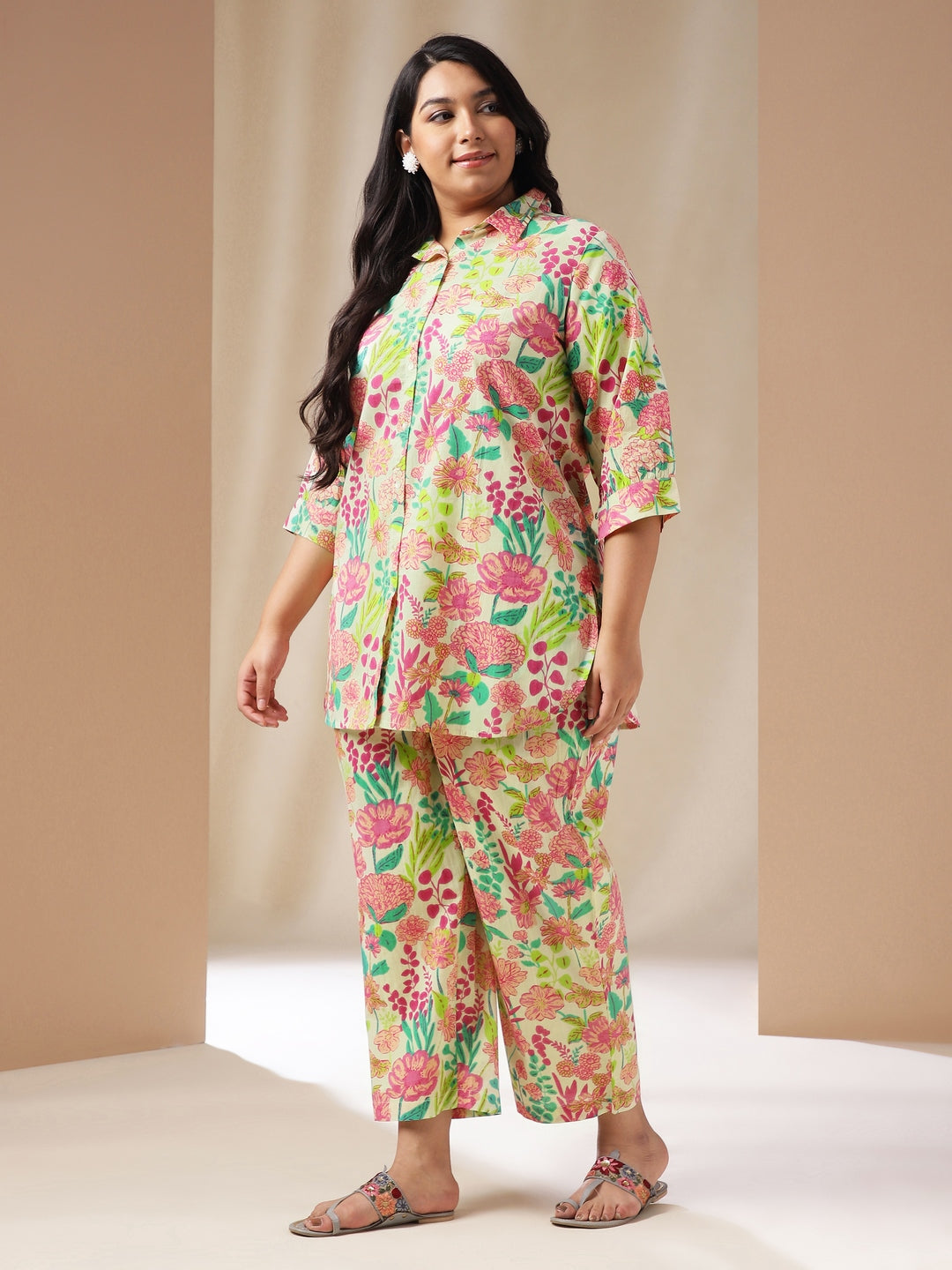 Plus Size Multicolor Cotton Floral Regular Co-Ord Set  - By Janasya