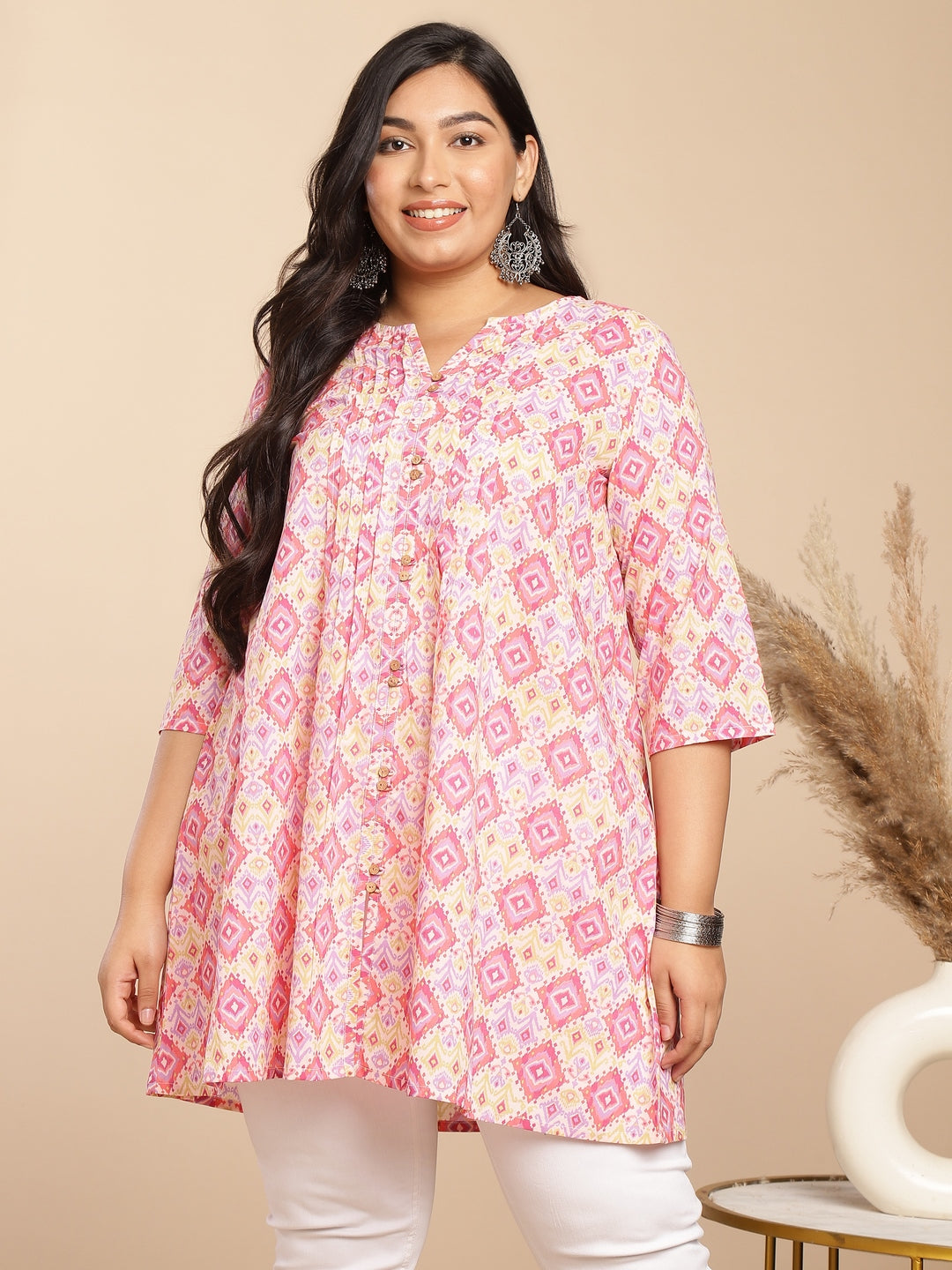 Plus Size Pink Cotton Ikkat Pleated Tunic  - By Janasya