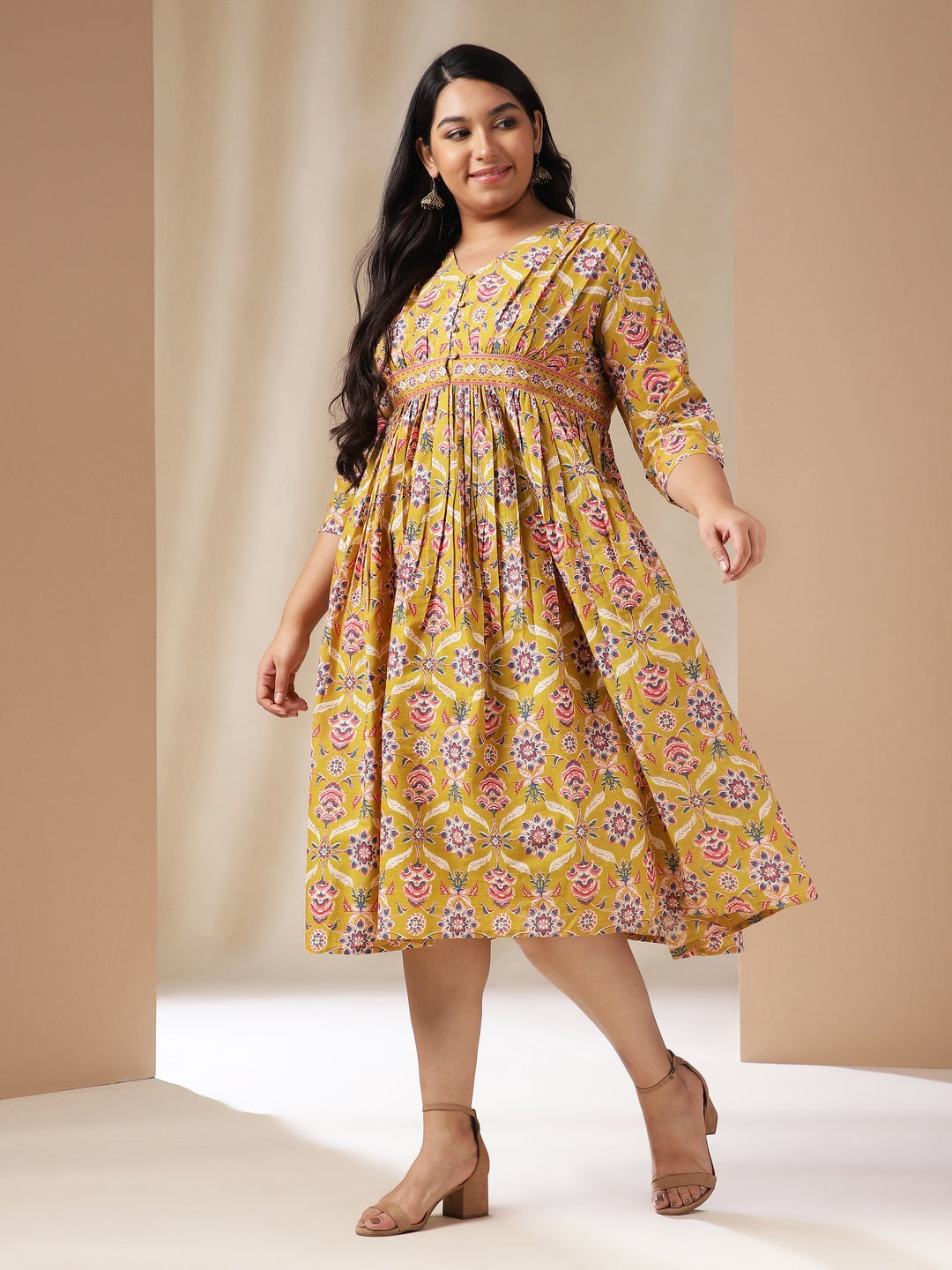 Plus Size Mustard Cotton Ethnic Motif A-Line Dress  - By Janasya