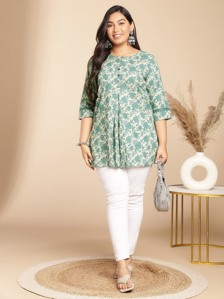 Plus Size Sage Cotton Floral A-Line Tunic  - By Janasya