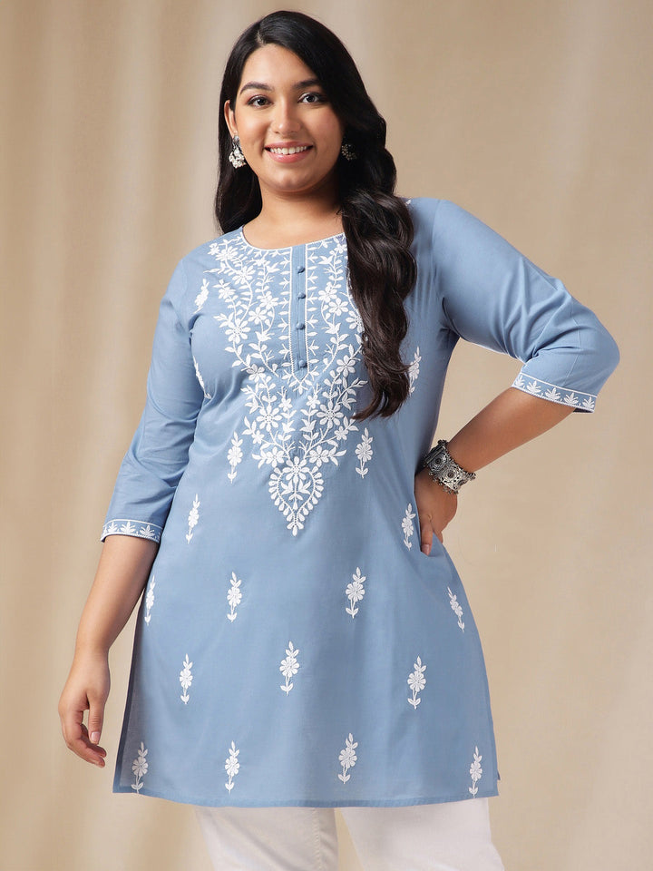 Plus Size Blue Cotton Chikankari Regular Tunic  - By Janasya