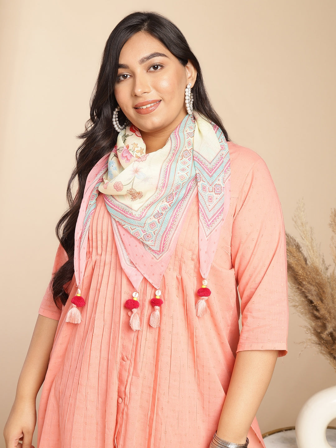 Plus Size Peach Dobby Cotton Self Design A-Line Scarf Set  - By Janasya