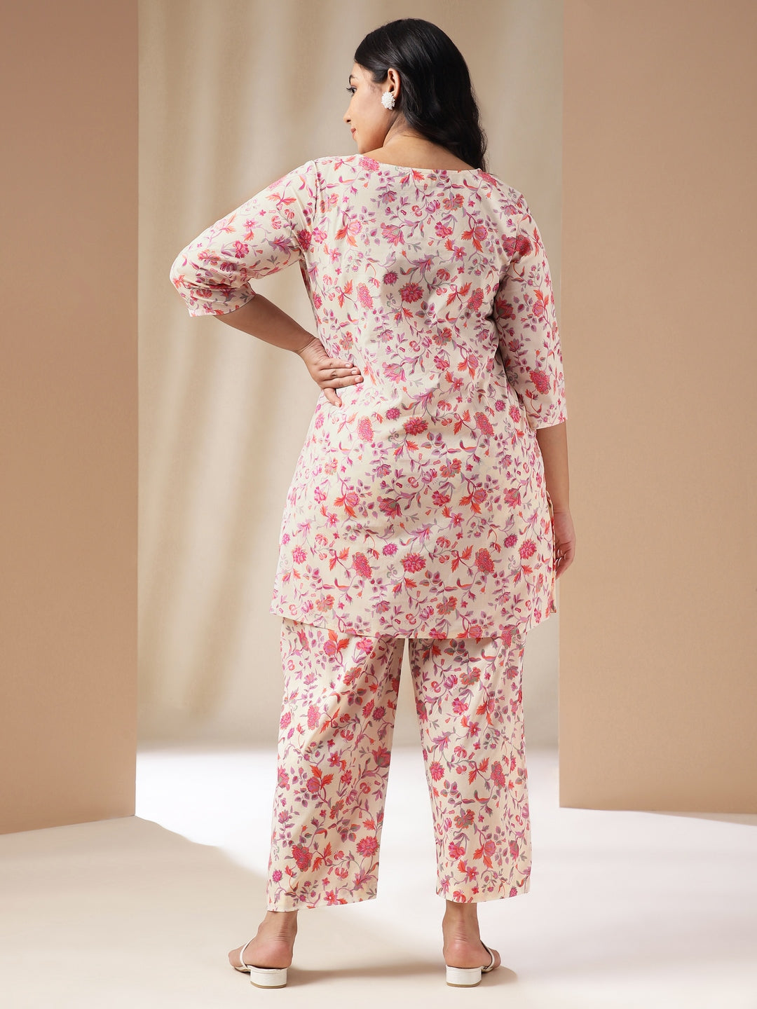 Plus Size Cream Cotton Floral A-Line Co-ord Set  - By Janasya