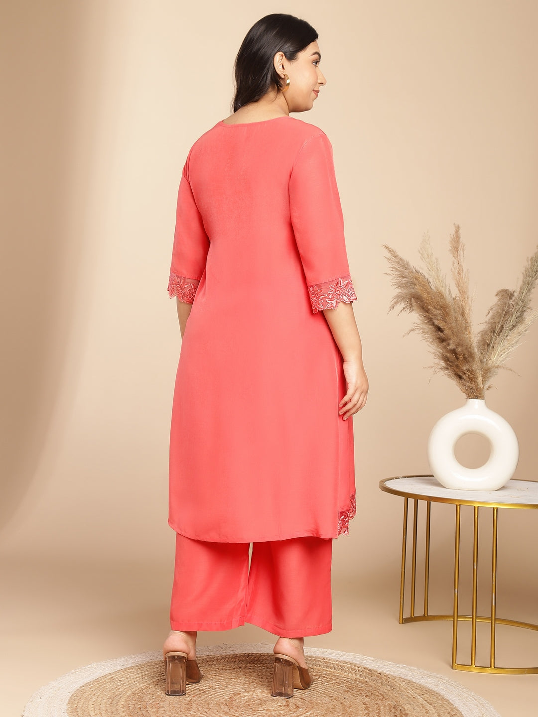 Plus Size Peach Muslin Solid Angrakha Kurta Set  - By Janasya