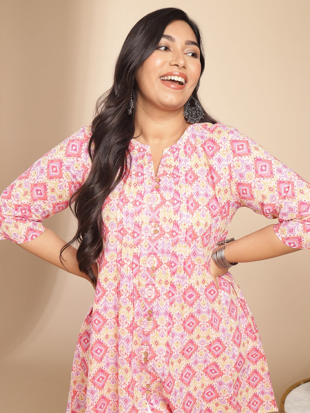 Plus Size Pink Cotton Ikkat Pleated Tunic  - By Janasya