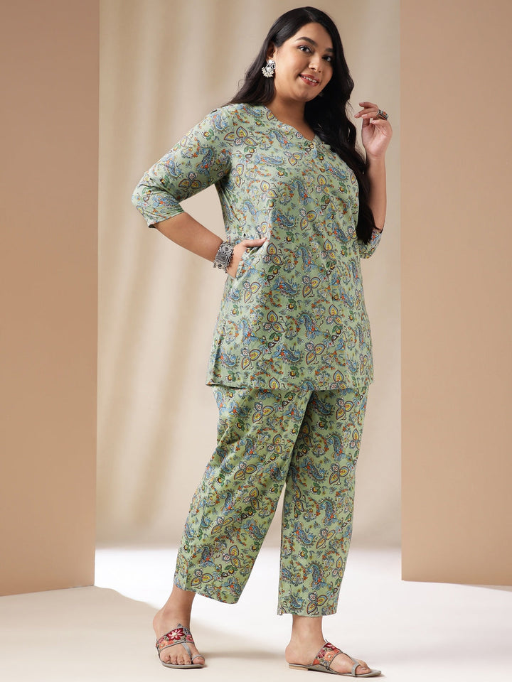 Plus Size Sage Cotton Floral Shirt Style Co-ord Set  - By Janasya