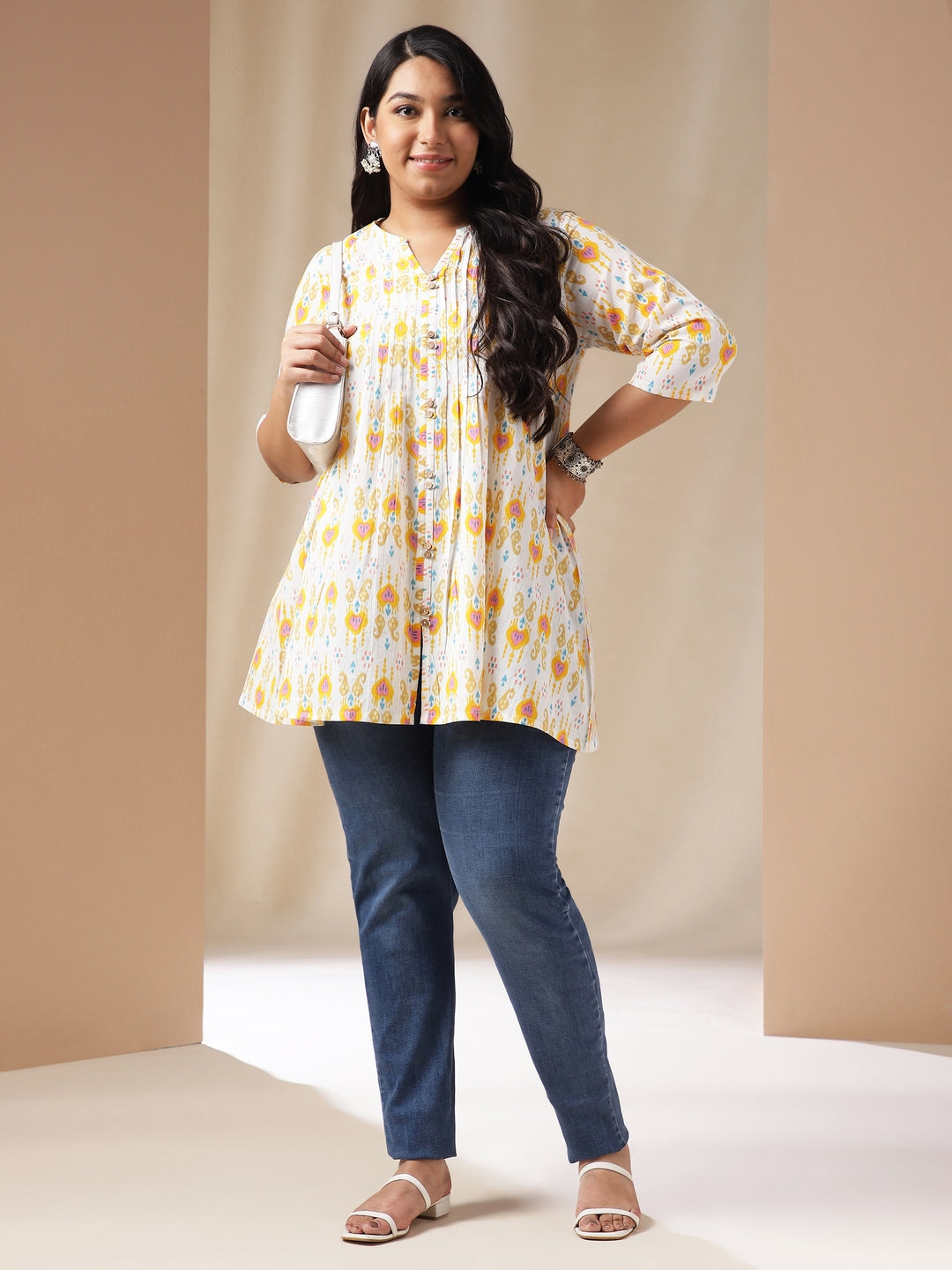 Plus Size Off White Cotton Ikkat Pleated Tunic  - By Janasya