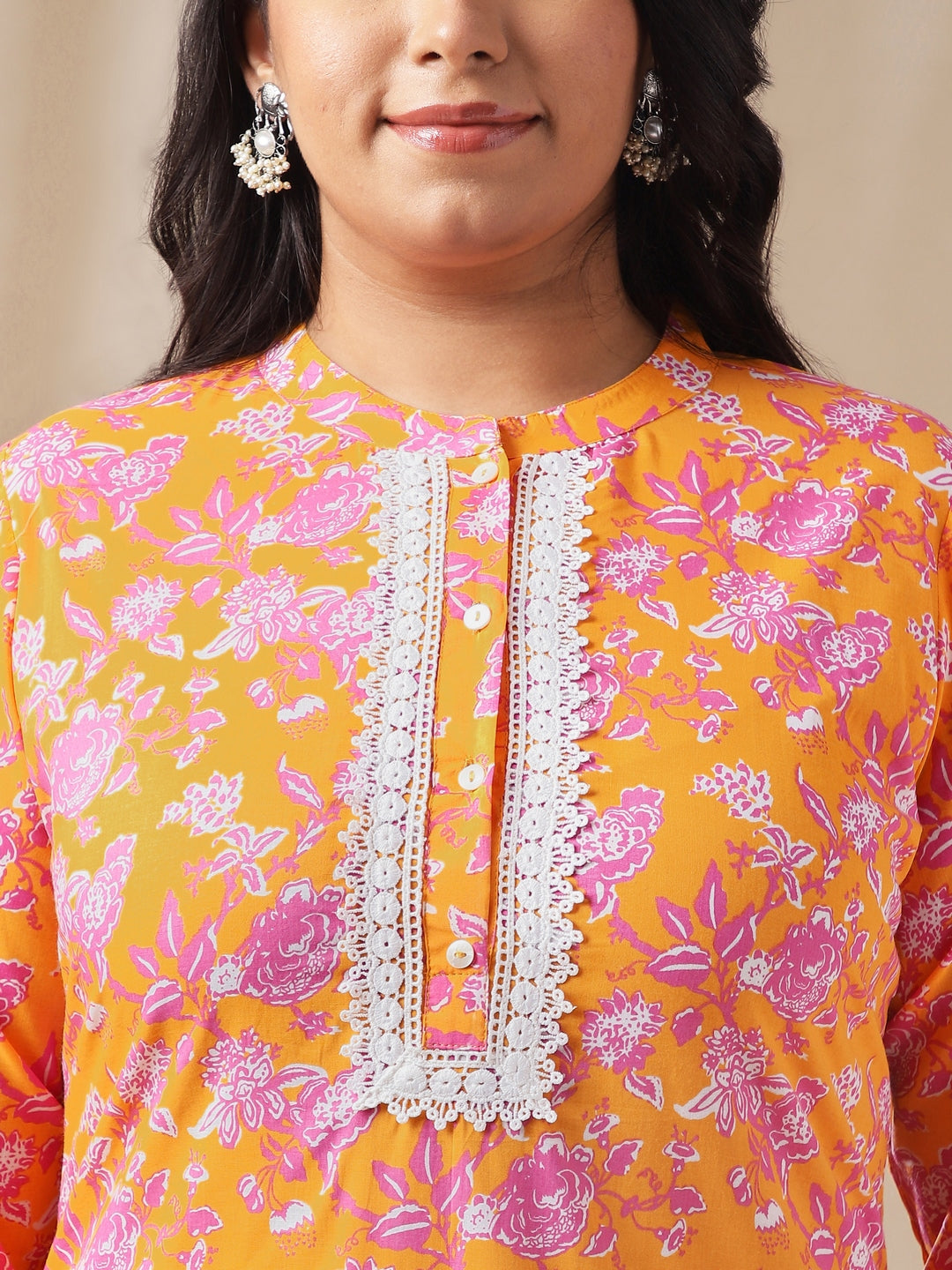 Plus Size Orange Cotton Floral Straight Kurta Set  - By Janasya