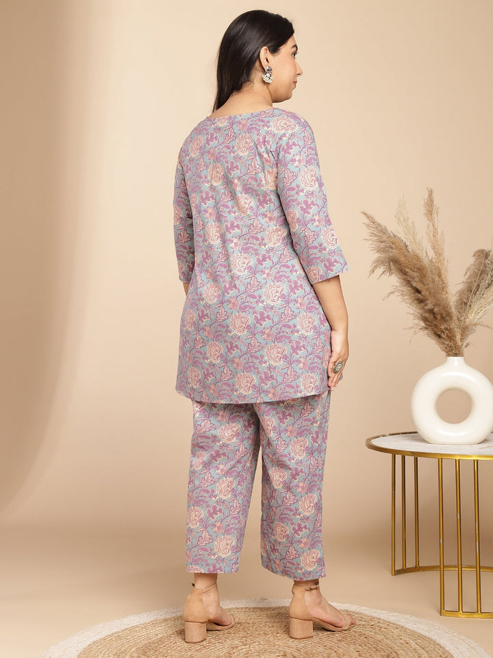 Plus Size Light Blue Cotton Floral A-Line Co-ord Set  - By Janasya