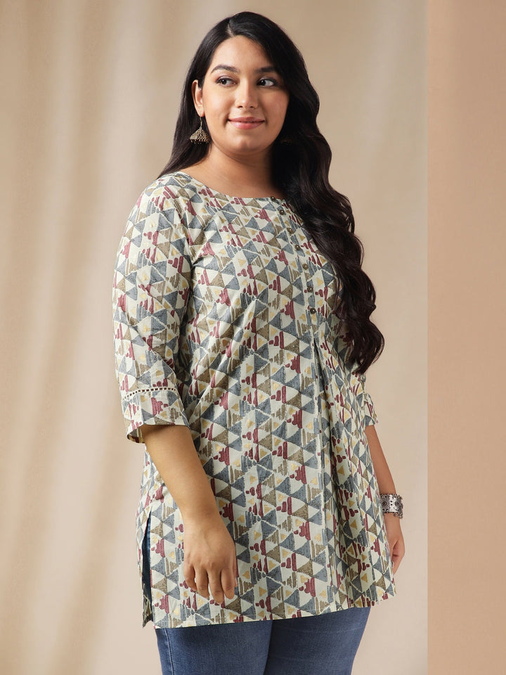 Plus Size Off White Cotton Geometric Regular Tunic  - By Janasya