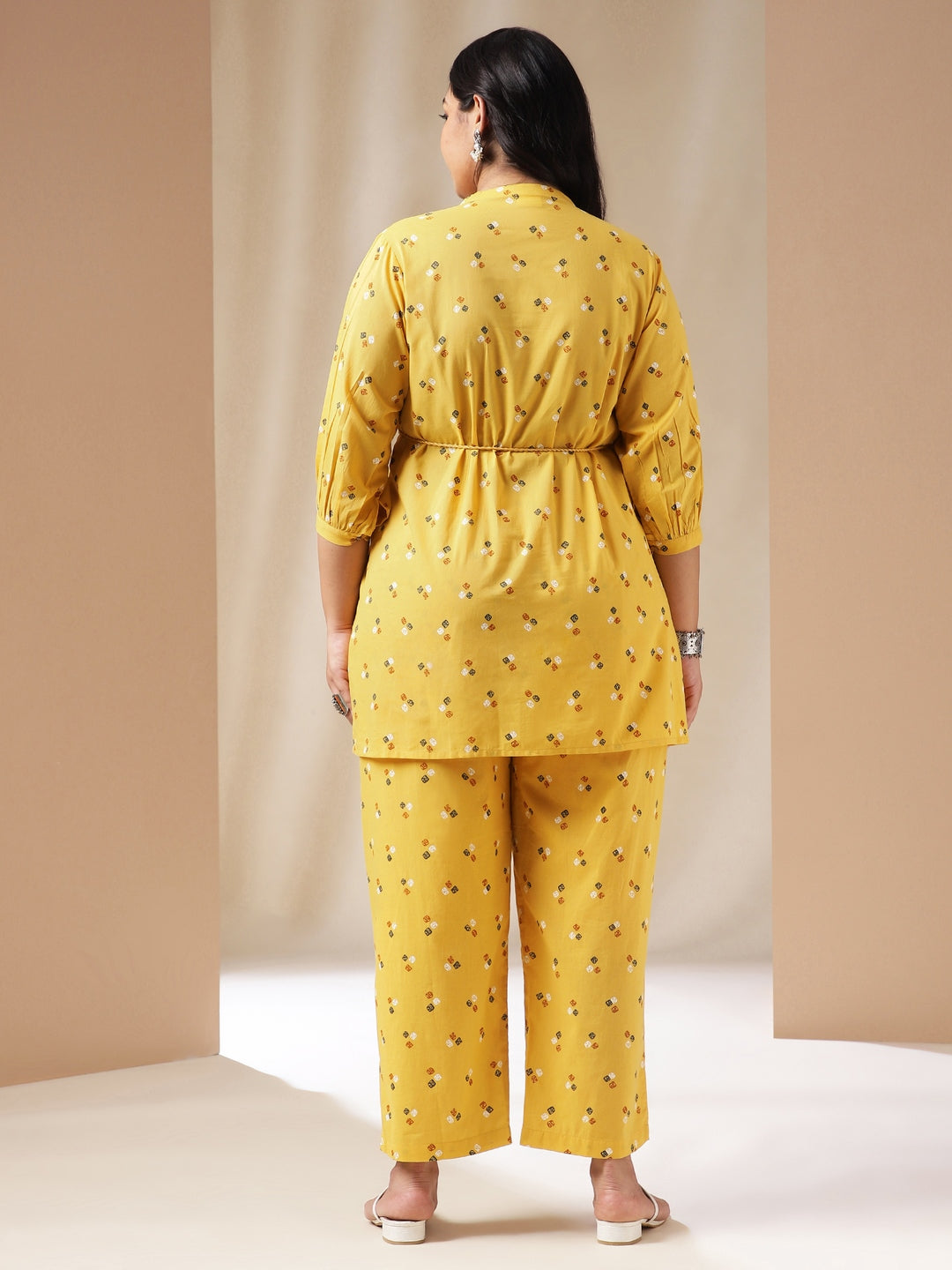 Plus Size Mustard Cotton Bandhani A-Line Co-ord Set  - By Janasya