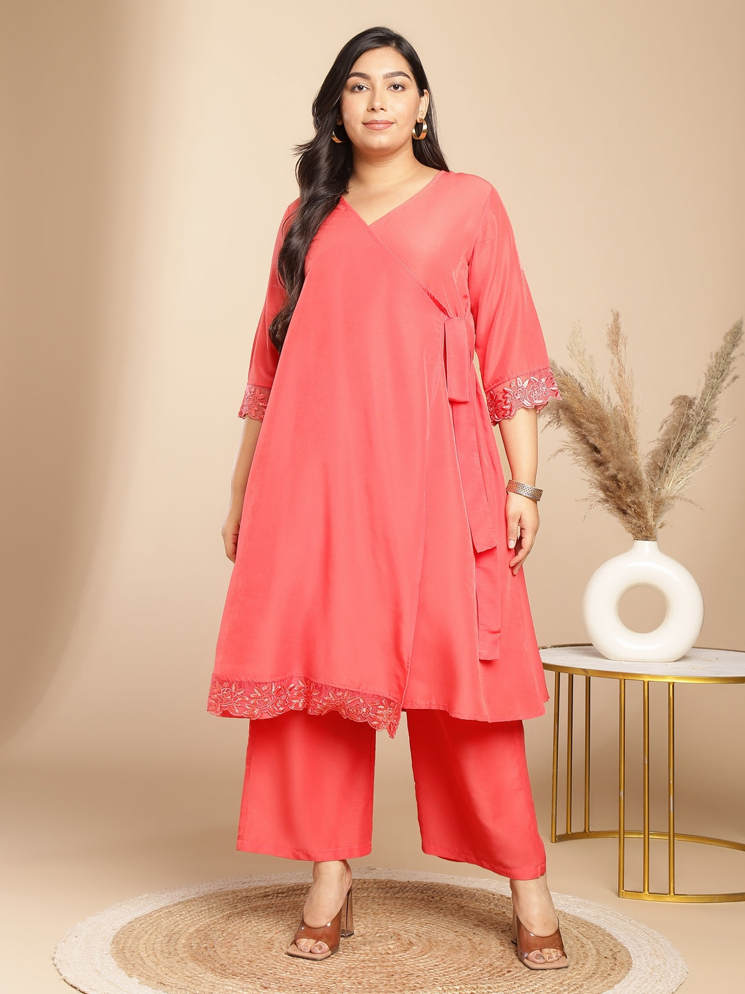 Plus Size Peach Muslin Solid Angrakha Kurta Set  - By Janasya