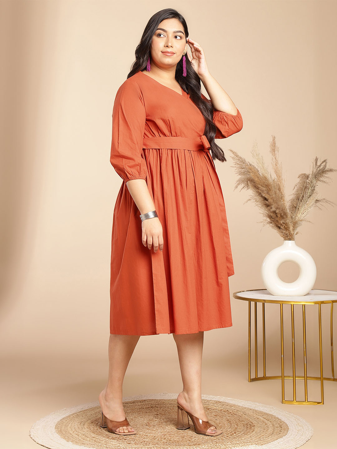 Plus Size Rust Poplin Solid Wrap Dress  - By Janasya