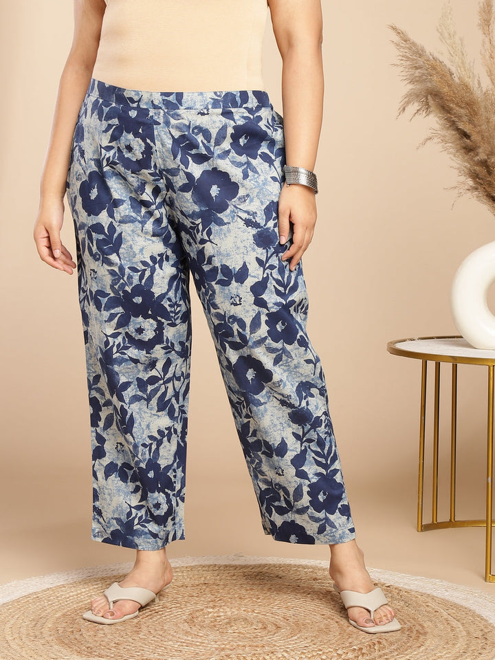 Plus Size Indigo Cotton Floral A-Line Co-ord Set  - By Janasya