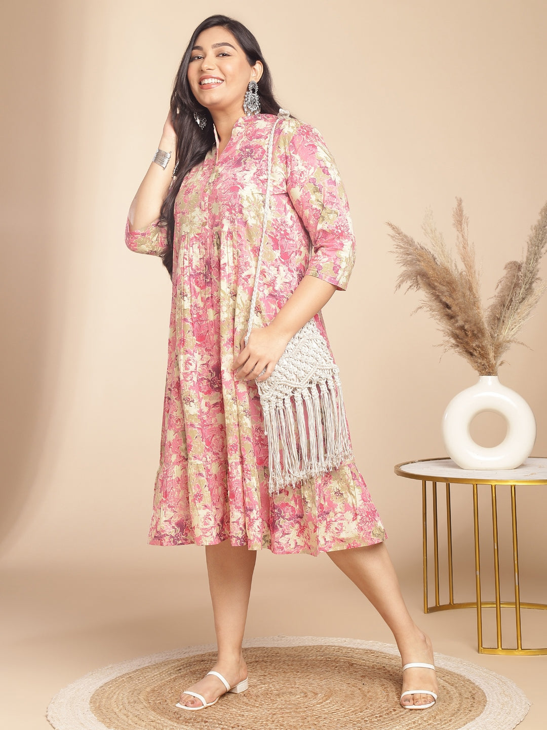 Plus Size Pink Cotton Abstract Gathered Dress  - By Janasya