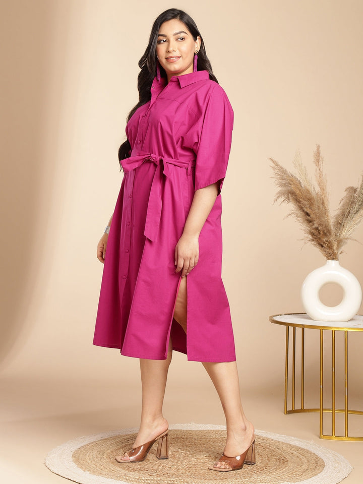 Plus Size Pink Poplin Solid Shirt Style Dress  - By Janasya