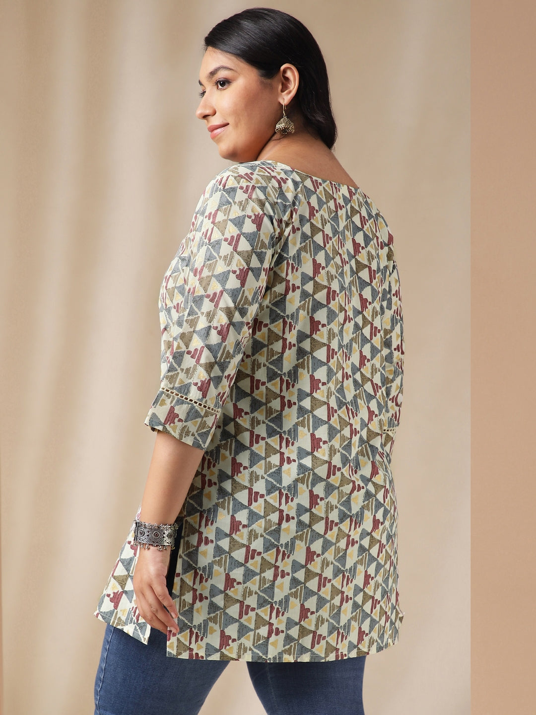 Plus Size Off White Cotton Geometric Regular Tunic  - By Janasya