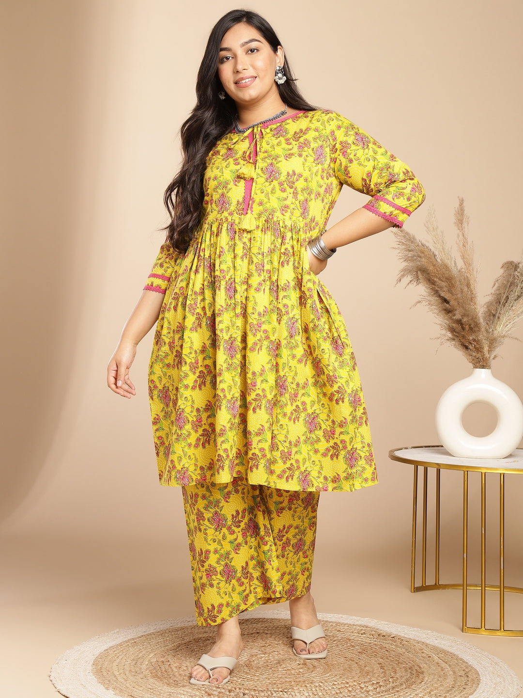 Plus Size Yellow Cotton Floral Gathered Kurta Set  - By Janasya