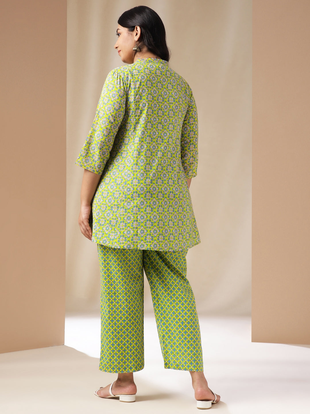 Plus Size Lime Green Cotton Ethnic Motifs A-Line Co-Ord Set  - By Janasya