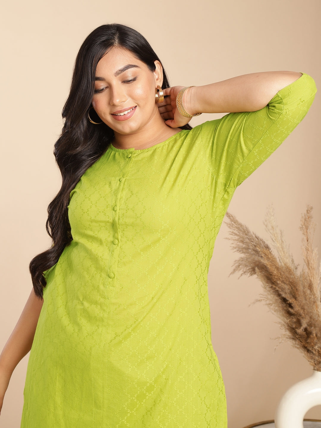 Plus Size Lime Green Cotton Jacquard Self Design Regular Co-Ord Set  - By Janasya