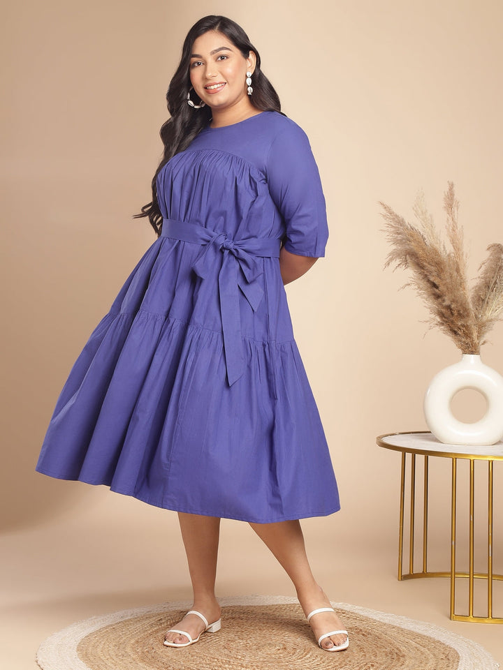 Plus Size Blue Poplin Solid Flared Dress  - By Janasya