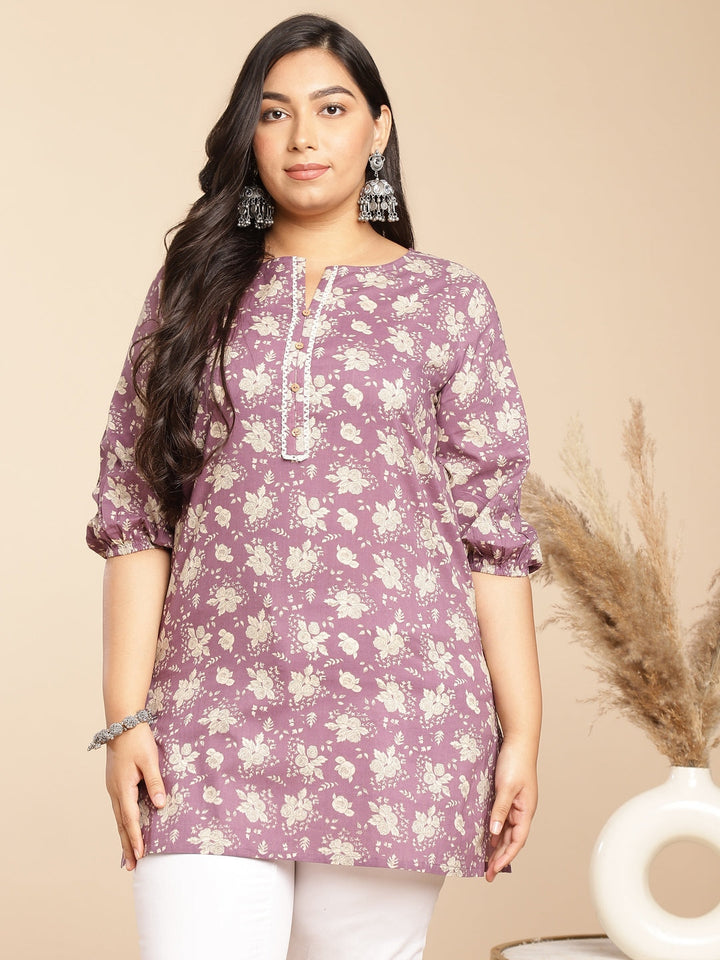 Plus Size Purple Cotton Floral Regular Tunic  - By Janasya