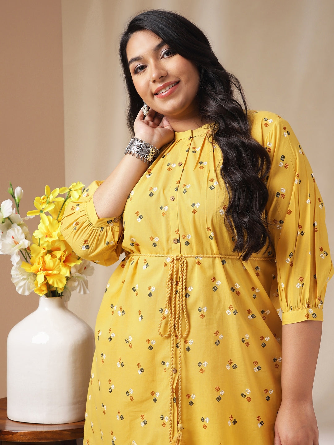 Plus Size Mustard Cotton Bandhani A-Line Co-ord Set  - By Janasya