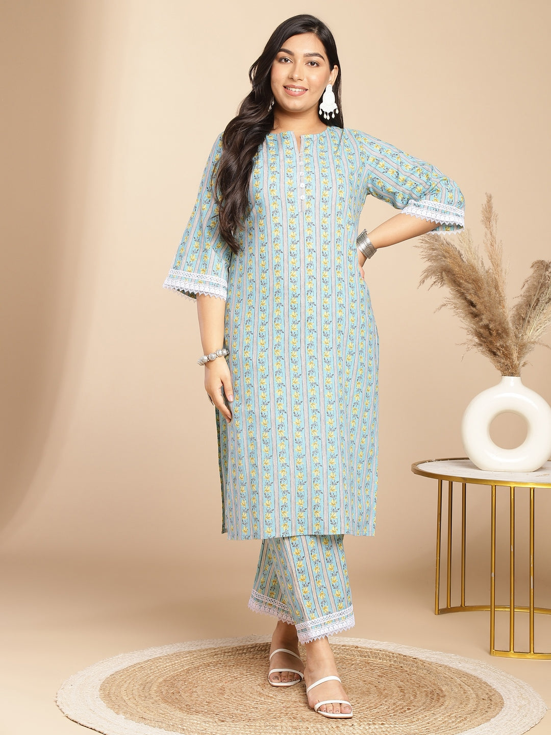 Plus Size Light Blue Cotton Floral Regular Kurta Set  - By Janasya