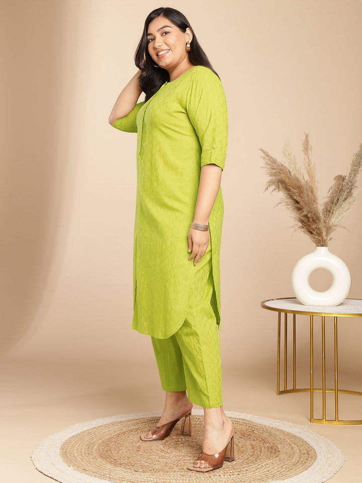 Plus Size Lime Green Cotton Jacquard Self Design Regular Co-Ord Set  - By Janasya