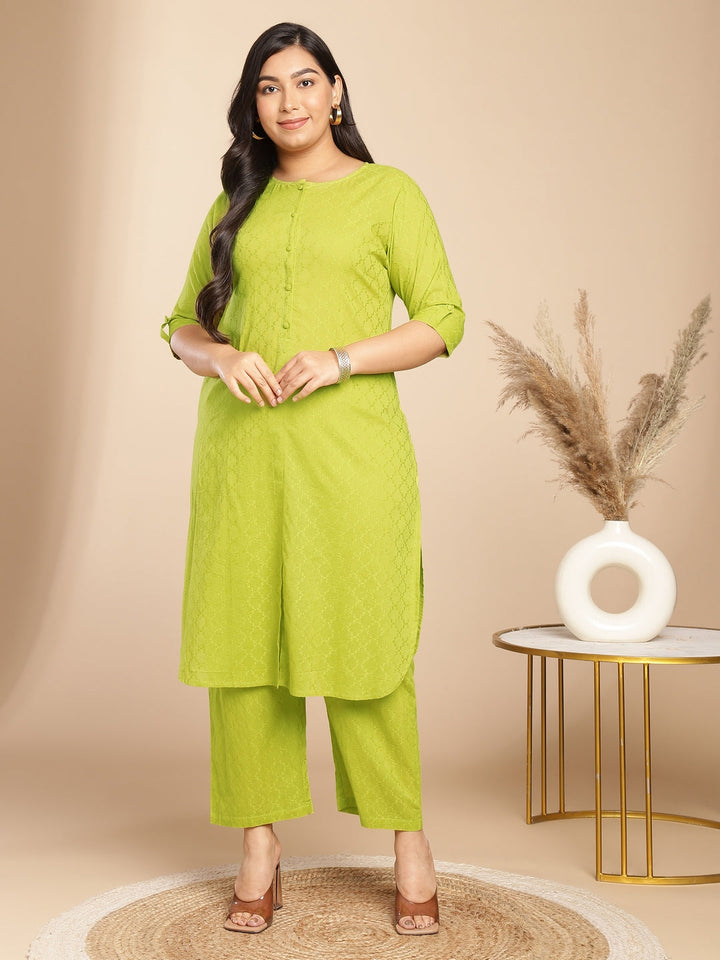 Plus Size Lime Green Cotton Jacquard Self Design Regular Co-Ord Set  - By Janasya