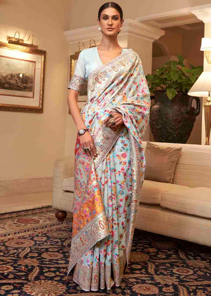 Pastel Blue Banarasi Jamawar Woven Silk Saree | Stitched Blouse - qivii