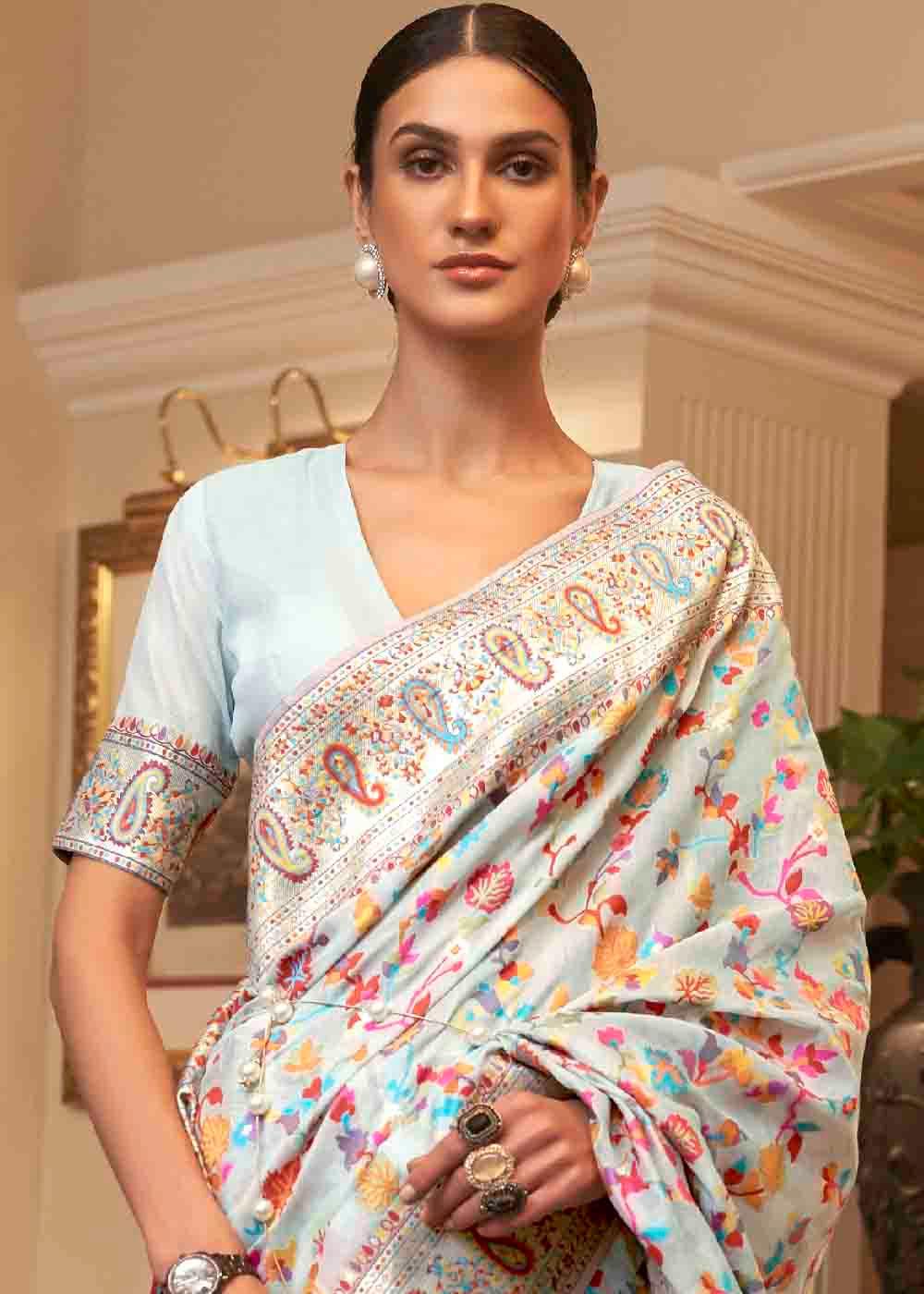 Pastel Blue Banarasi Jamawar Woven Silk Saree | Stitched Blouse - qivii