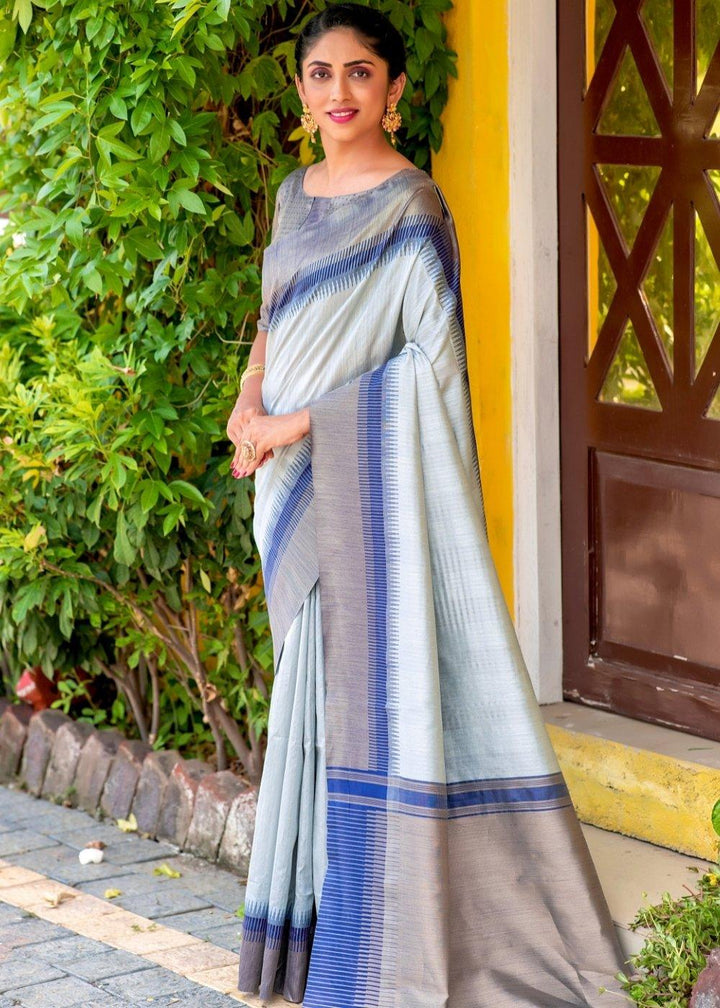 Pastel Blue Zari Weaving Silk Saree with Tassels on Pallu | Stitched Blouse - qivii