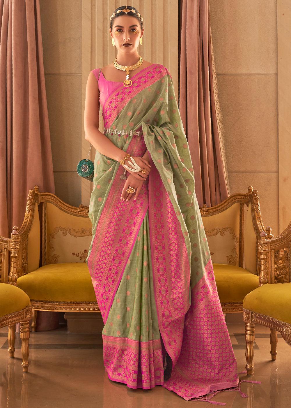 Pastel Green Bamboo Copper Zari Handloom Woven Silk Saree - qivii