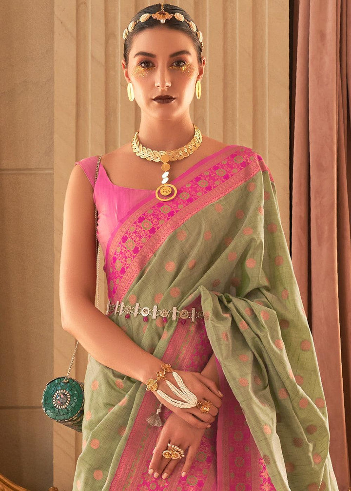 Pastel Green Bamboo Copper Zari Handloom Woven Silk Saree - qivii