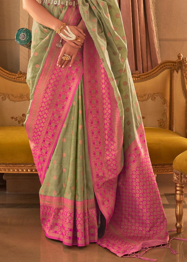 Pastel Green Bamboo Copper Zari Handloom Woven Silk Saree - qivii