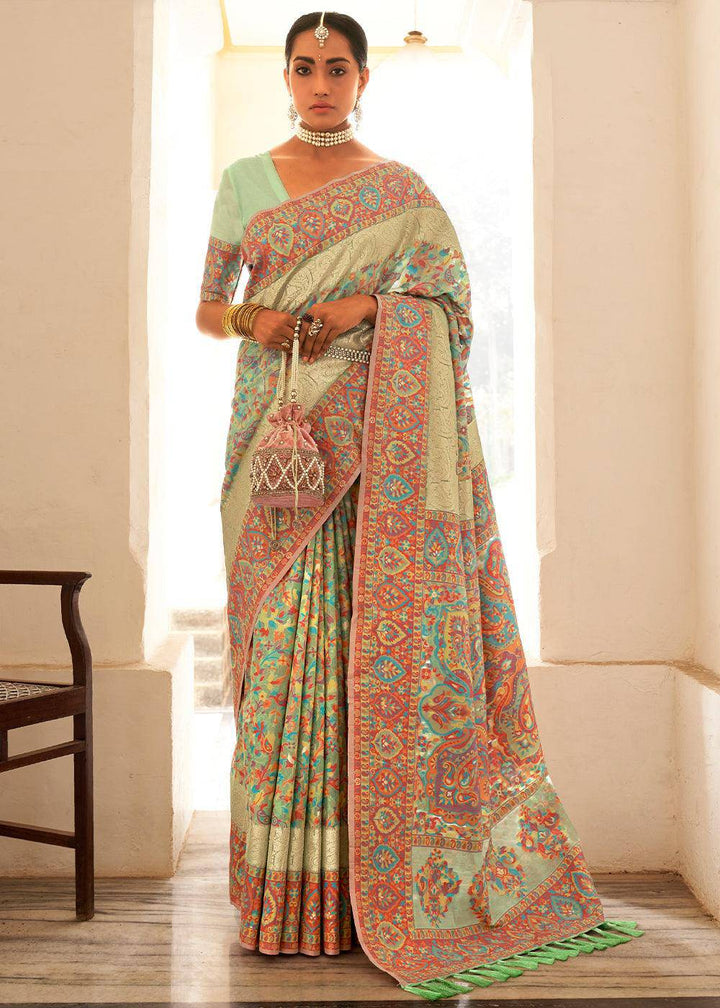 Pastel Green Banarasi Jamawar Kashmiri Woven Silk Saree | Stitched Blouse - qivii