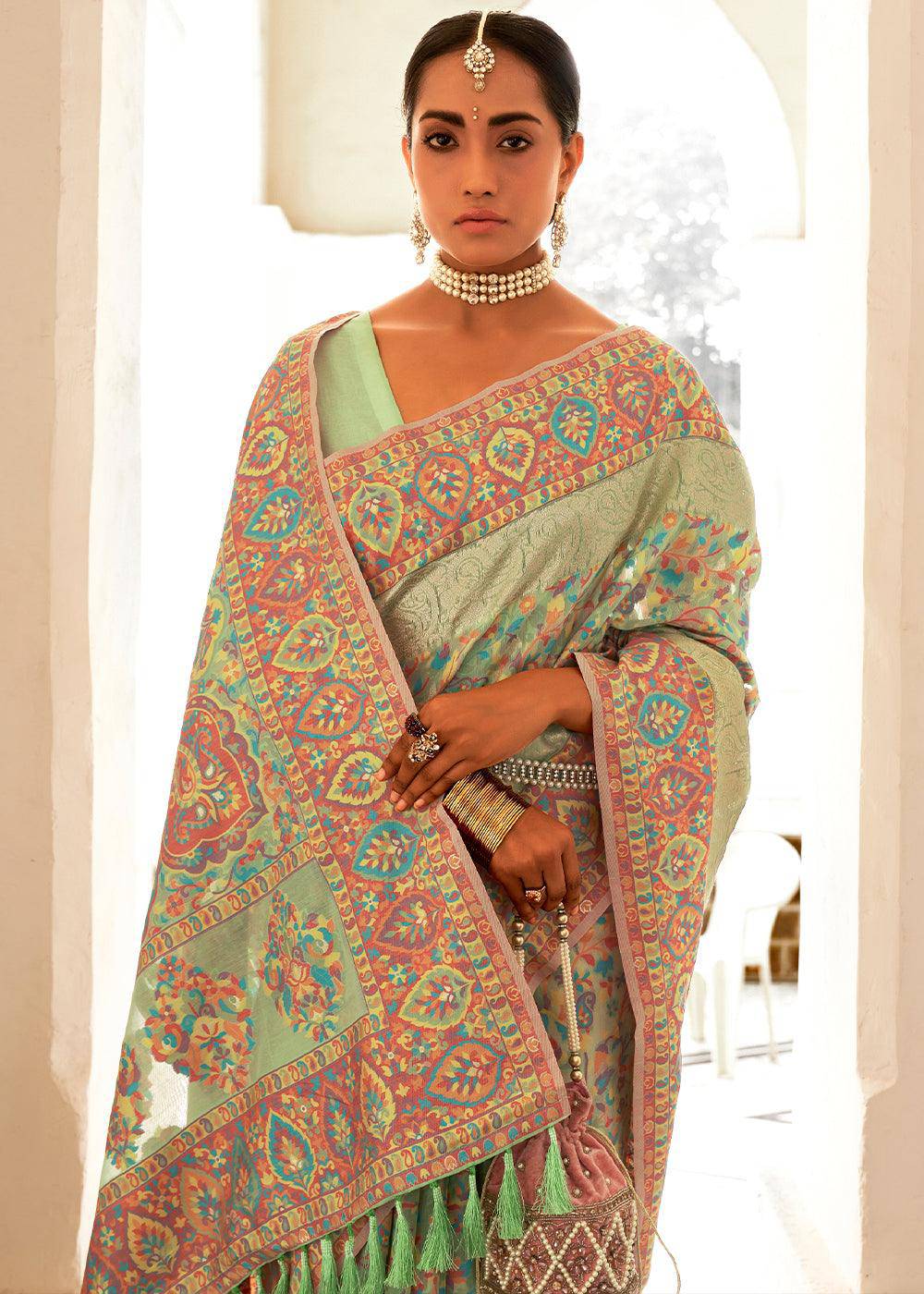 Pastel Green Banarasi Jamawar Kashmiri Woven Silk Saree | Stitched Blouse - qivii