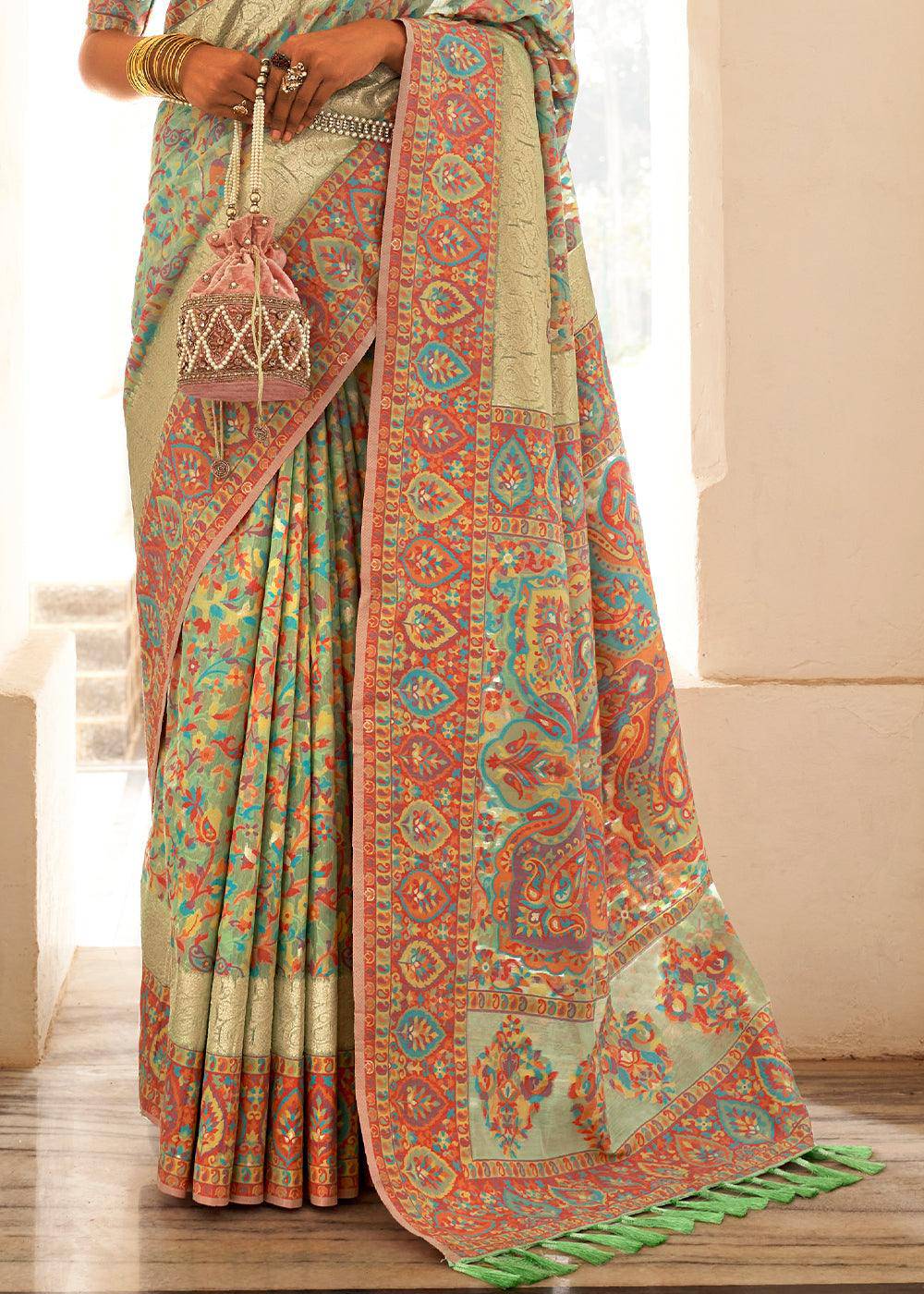 Pastel Green Banarasi Jamawar Kashmiri Woven Silk Saree | Stitched Blouse - qivii