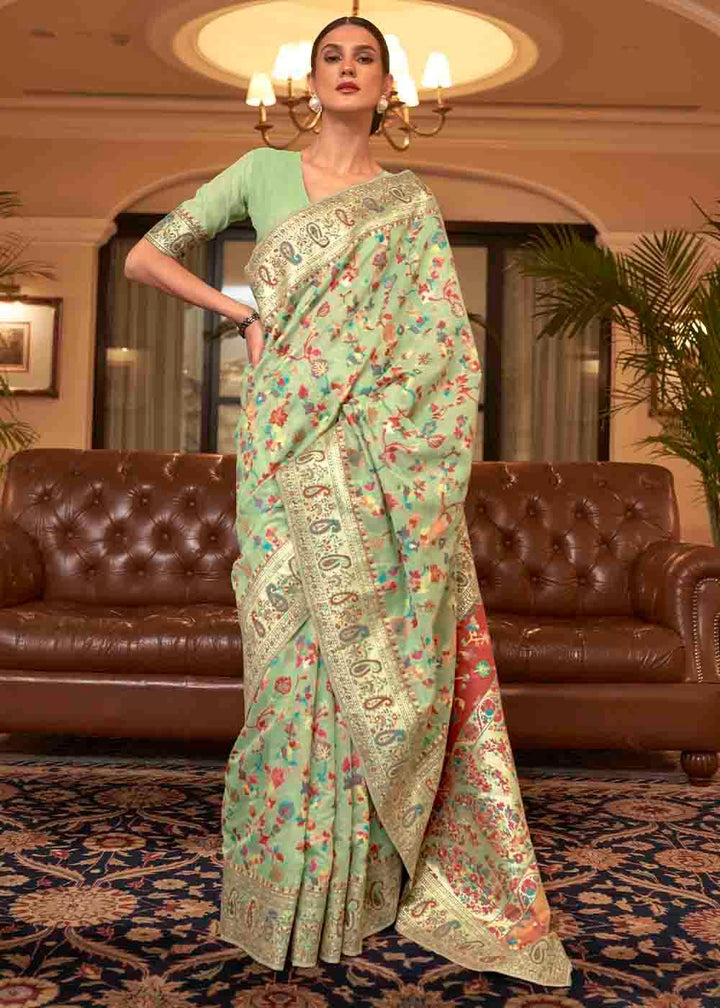 Pastel Green Banarasi Jamawar Woven Silk Saree | Stitched Blouse - qivii