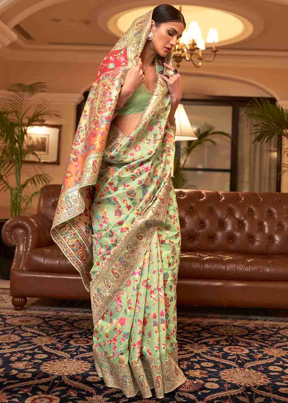 Pastel Green Banarasi Jamawar Woven Silk Saree | Stitched Blouse - qivii