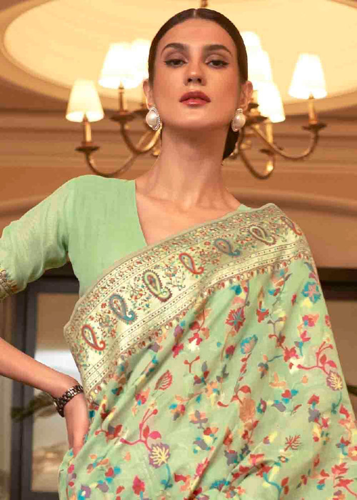 Pastel Green Banarasi Jamawar Woven Silk Saree | Stitched Blouse - qivii