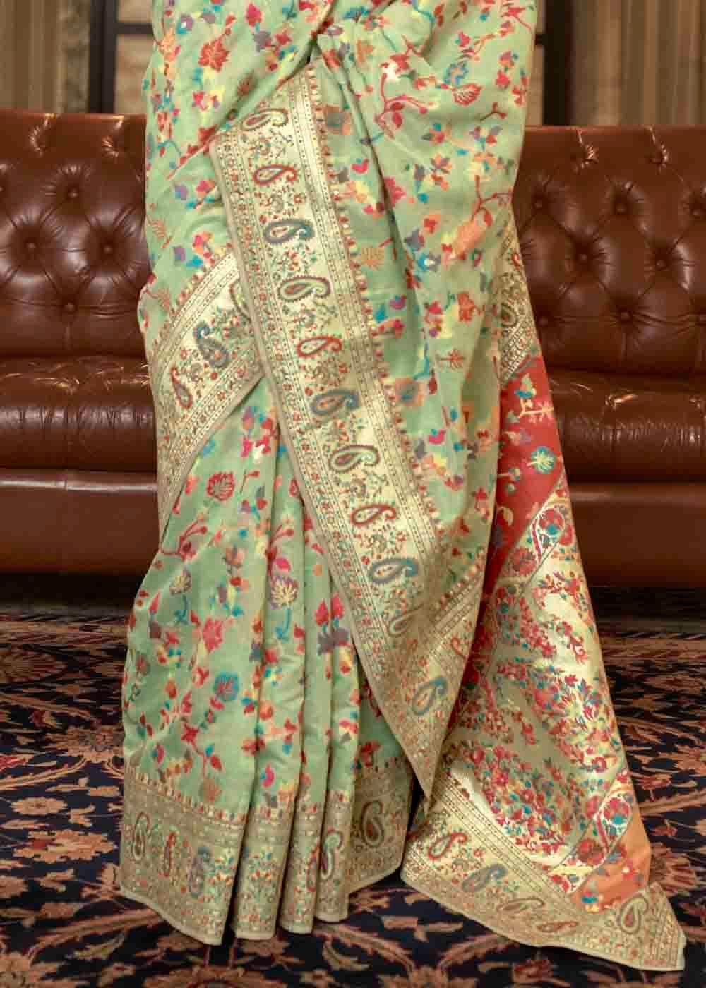 Pastel Green Banarasi Jamawar Woven Silk Saree | Stitched Blouse - qivii