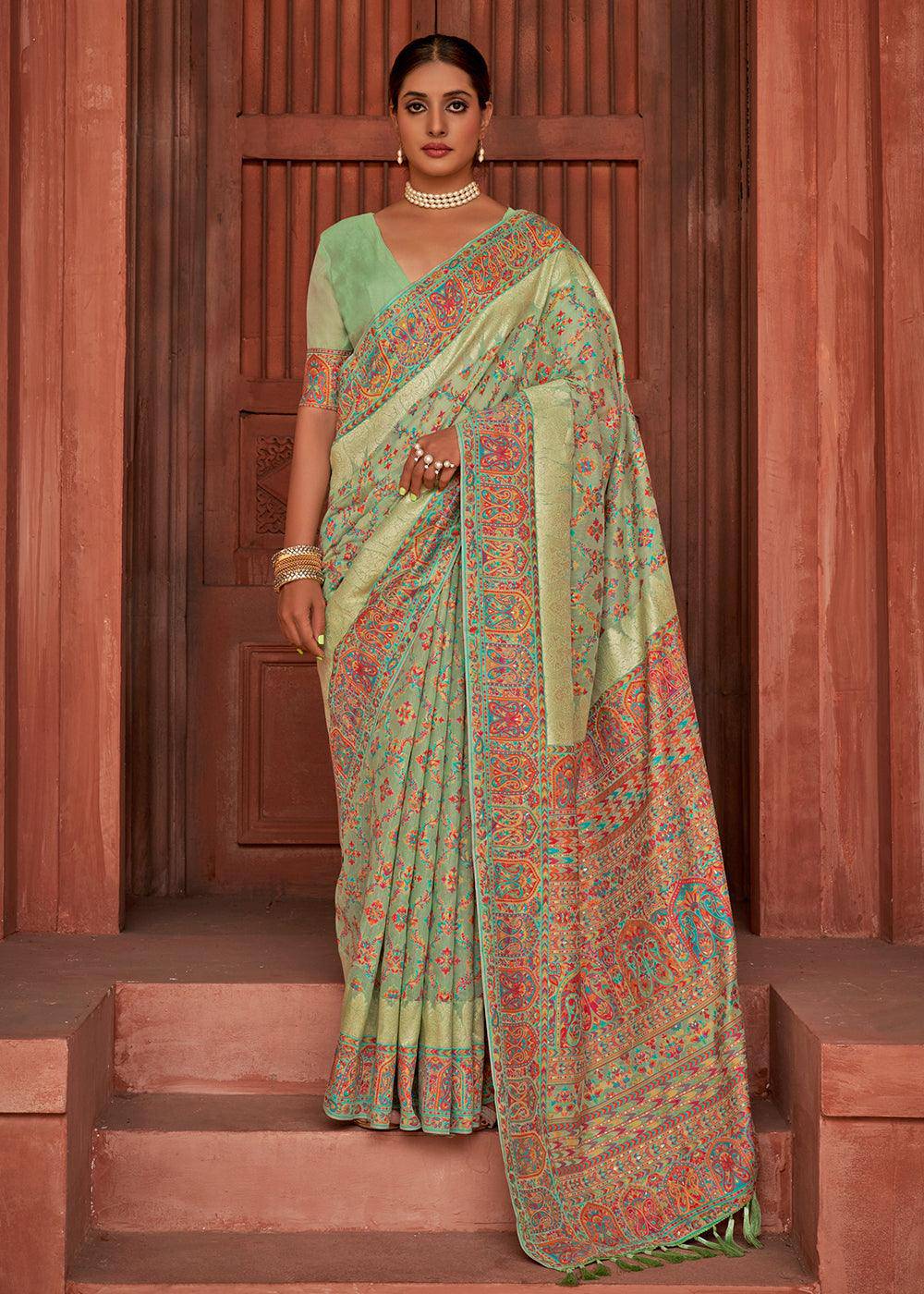 Pastel Green Banarasi Kora Silk Saree with Pashmina Weaving & Zari Border Pallu | Stitched Blouse - qivii