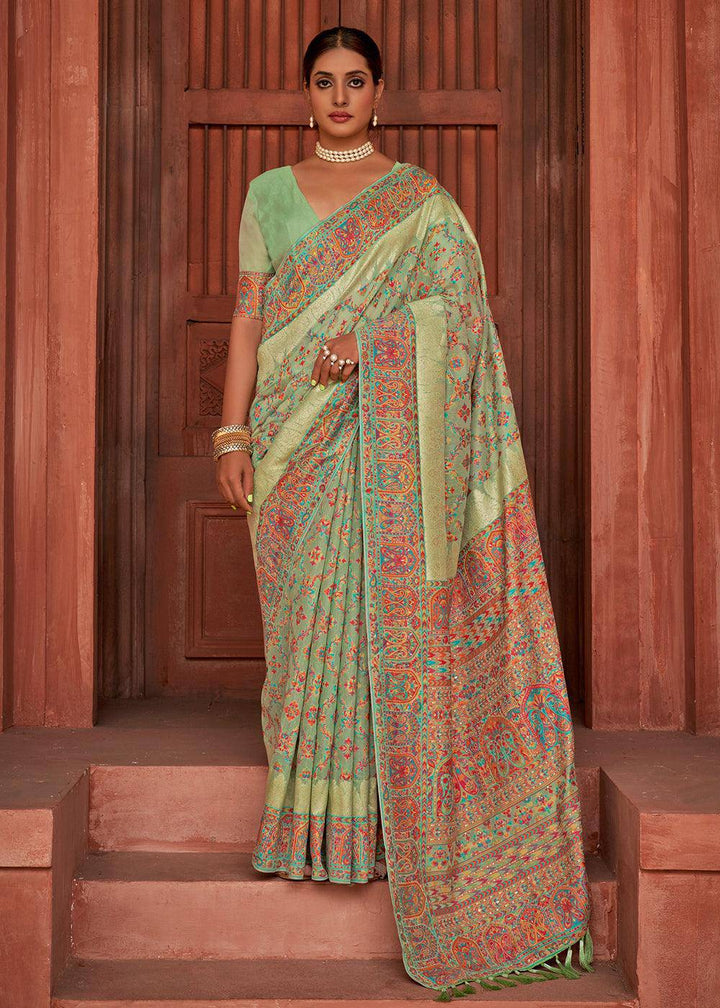 Pastel Green Banarasi Kora Silk Saree with Pashmina Weaving & Zari Border Pallu | Stitched Blouse - qivii