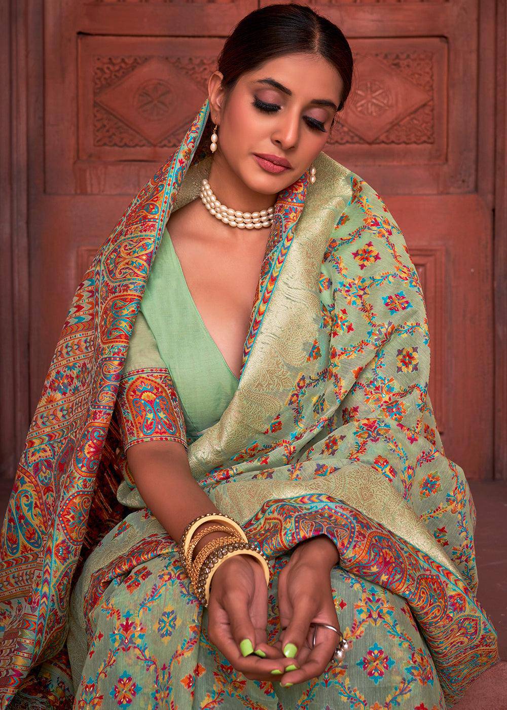 Pastel Green Banarasi Kora Silk Saree with Pashmina Weaving & Zari Border Pallu | Stitched Blouse - qivii